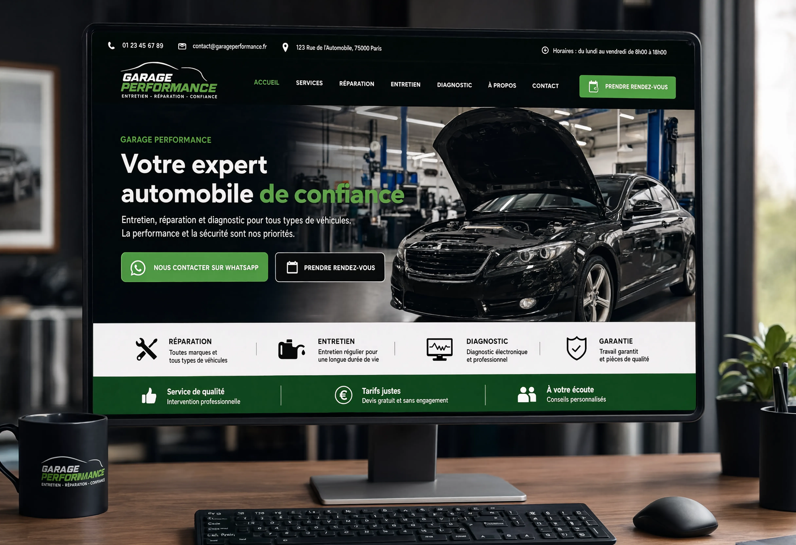 Écran d'ordinateur montrant un site web de garage auto avec bouton WhatsApp et prise de rendez-vous